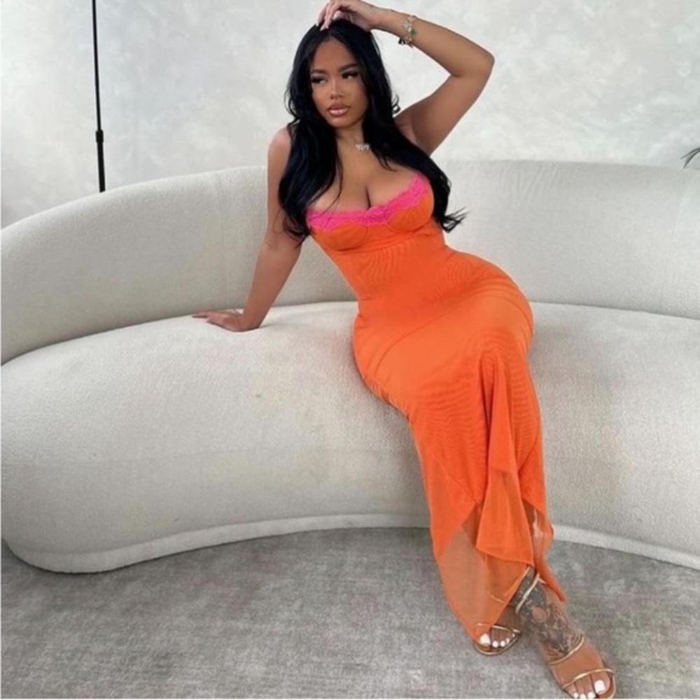 Micas Sexy Neon Orange Lace Trim Maxi Dress Bodycon Sleeveless Summer Dress‎ S